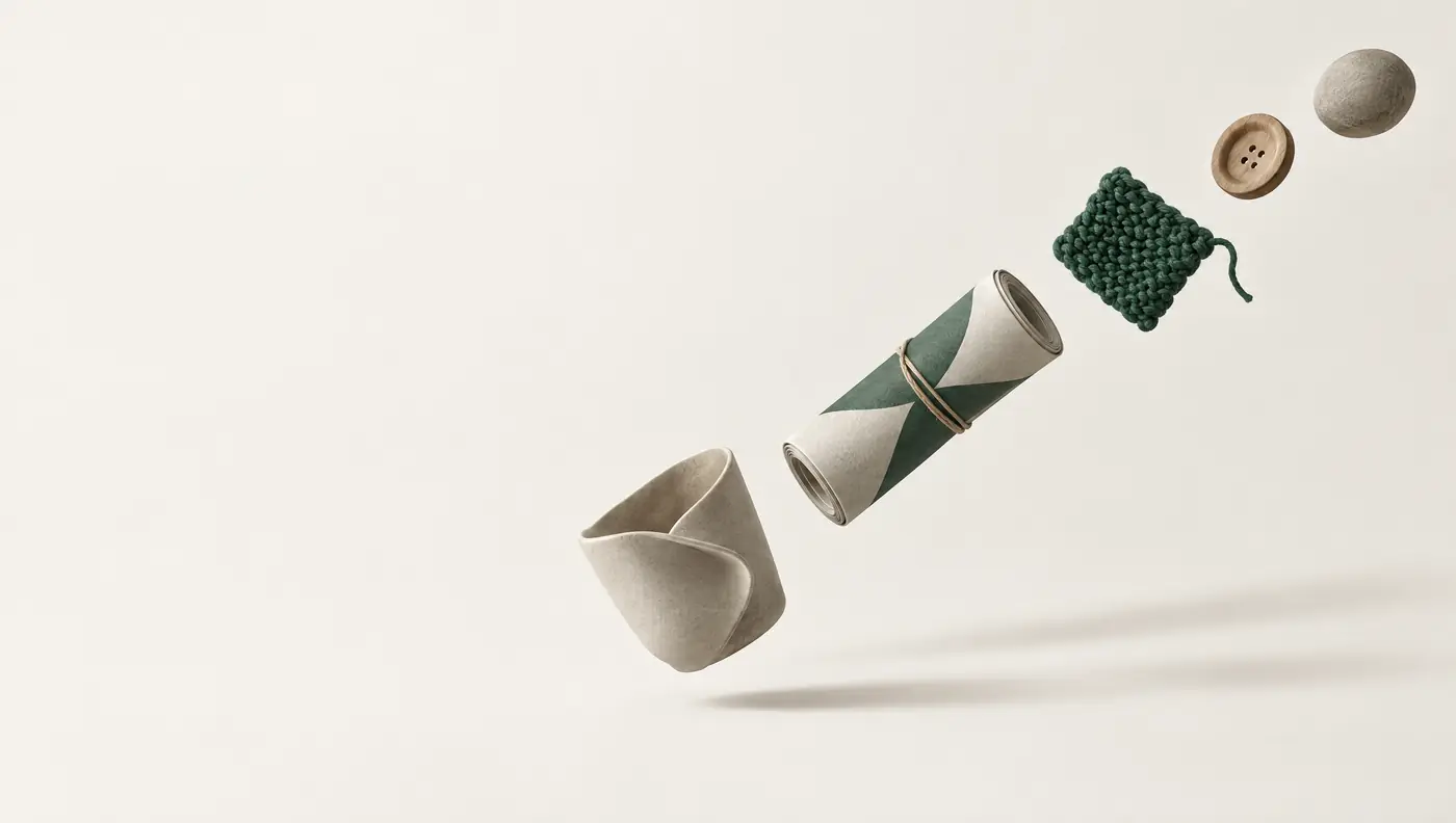 A ceramic cup, a rolled print, a knitted swatch, a wooden button and a felt ball rising in a single line